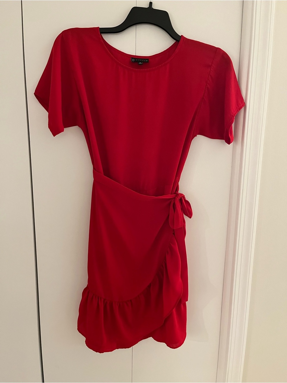 Collection by Bobeau Women's Red XS Faux Wrap Dress with Ruffle Hem Short Sleeve